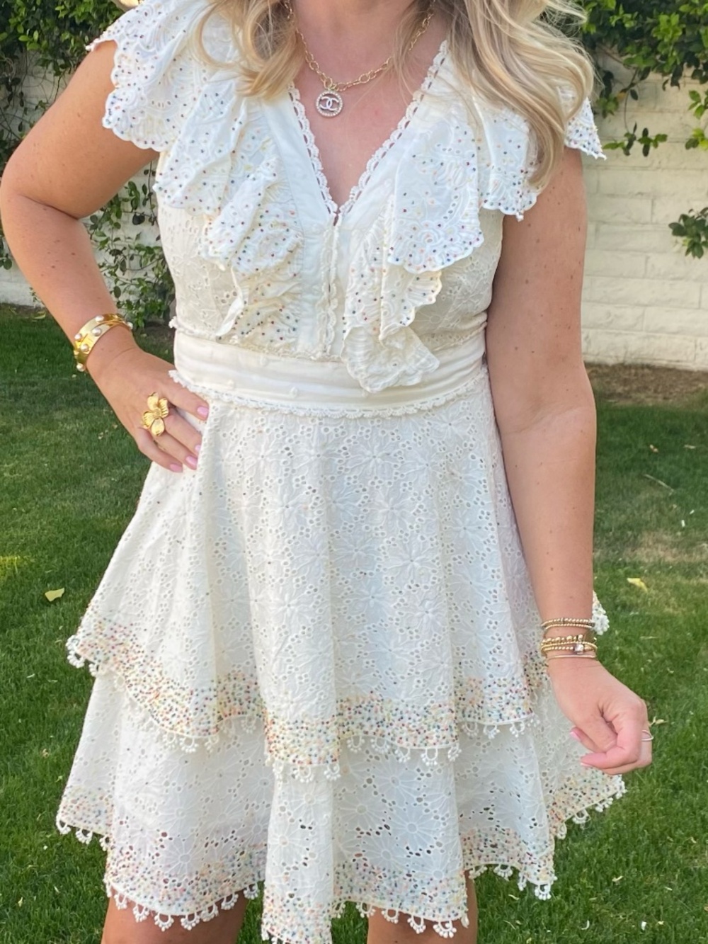 FARM Rio Ivory Eyelet Ruffle V-Neck Dress with Multicolor Beaded Dots - Picture 16 of 16